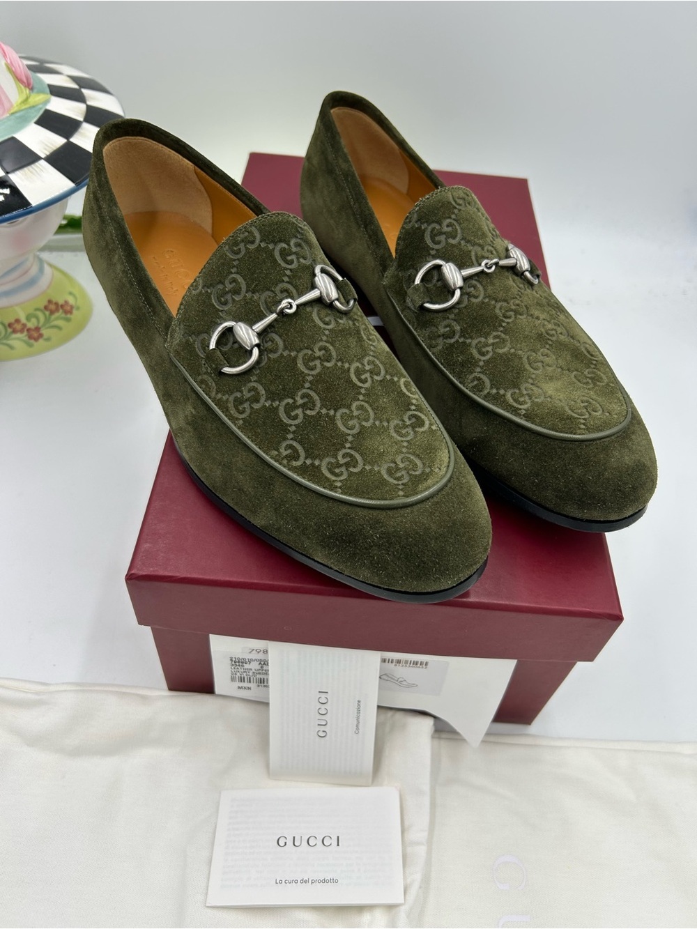 Men's Gucci horse bit GG embossed suede loafers size 8 fits nine US made Italy